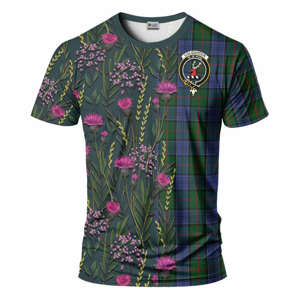Colquhoun Family Crest Tartan T-Shirt Scottish Thistle Flower Pattern Half Style - Tartan Vibes Clothing