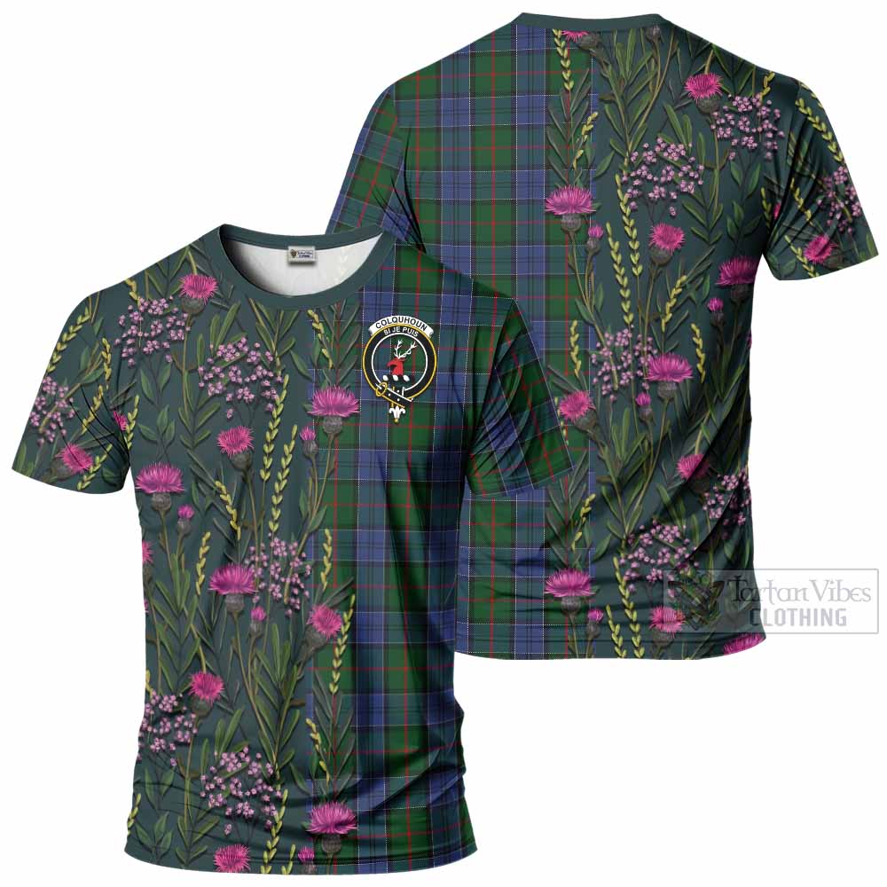 Colquhoun Family Crest Tartan T-Shirt Scottish Thistle Flower Pattern Half Style - Tartan Vibes Clothing