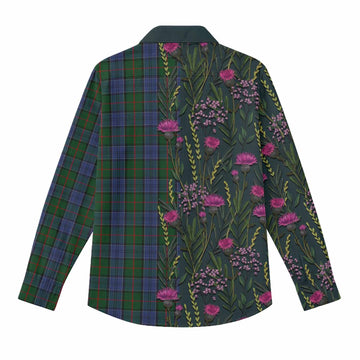 Colquhoun Family Crest Tartan Women Casual Shirt Scottish Thistle Flower Pattern Half Style