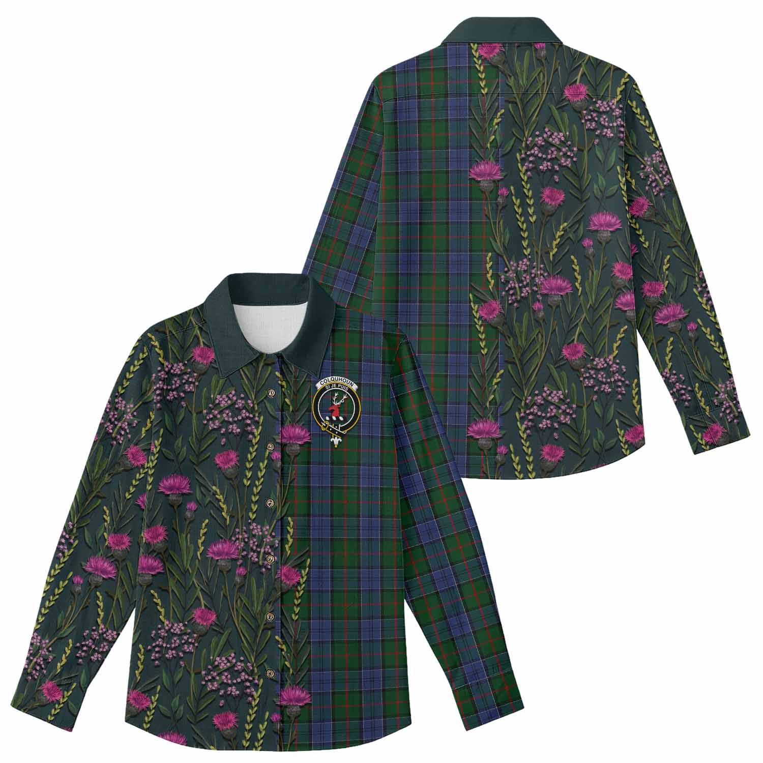 Colquhoun Family Crest Tartan Women Casual Shirt Scottish Thistle Flower Pattern Half Style - Tartan Vibes Clothing