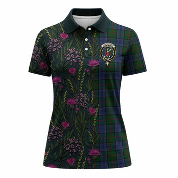 Colquhoun Family Crest Tartan Women Polo Shirt Scottish Thistle Flower Pattern Half Style