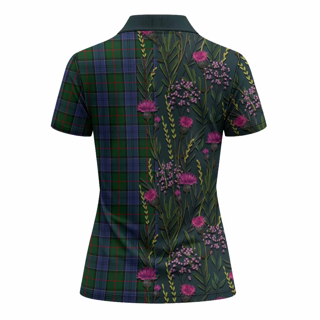 Colquhoun Family Crest Tartan Women Polo Shirt Scottish Thistle Flower Pattern Half Style - Tartan Vibes Clothing