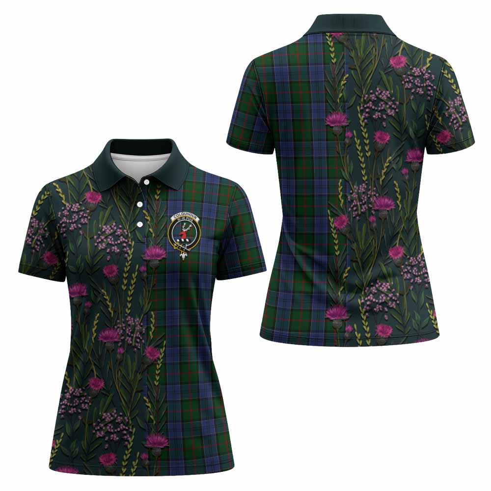 Colquhoun Family Crest Tartan Women Polo Shirt Scottish Thistle Flower Pattern Half Style - Tartan Vibes Clothing