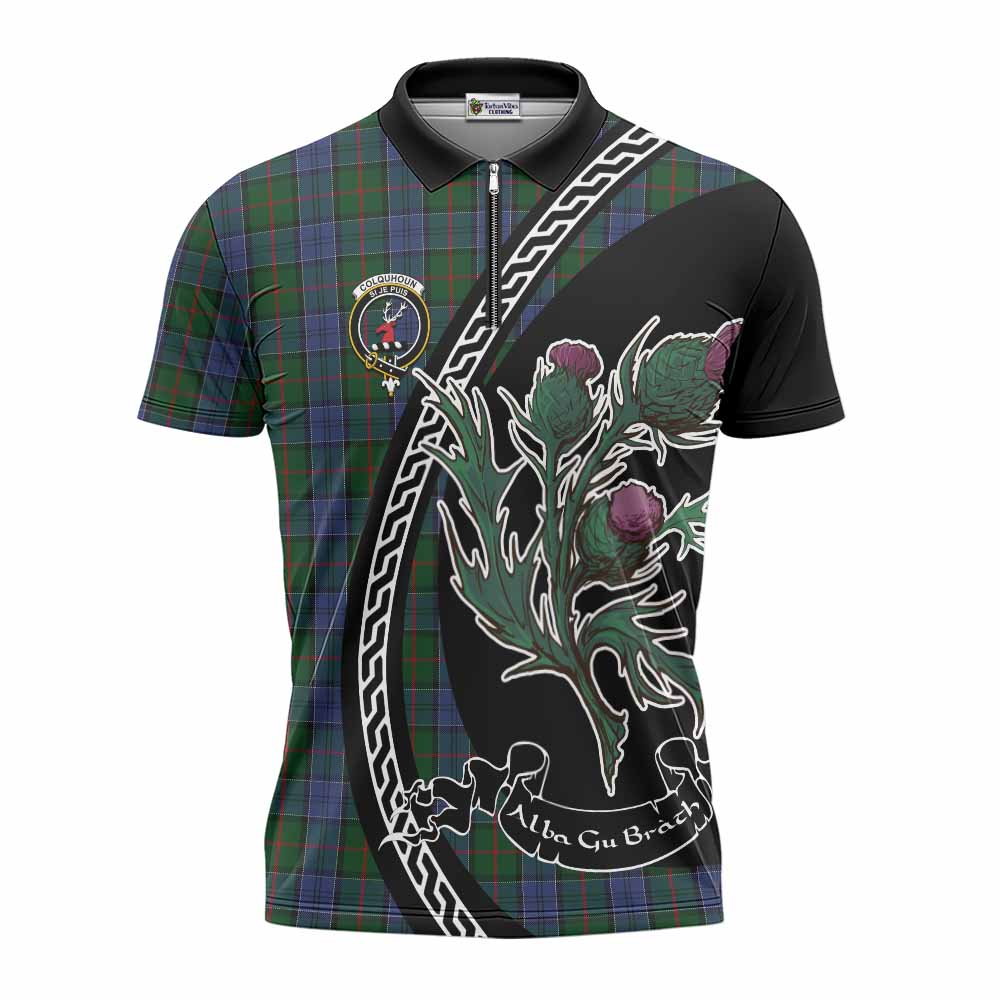 Colquhoun Family Crest Tartan Zipper Polo Shirt Alba Thistle Inspired - Tartan Vibes Clothing