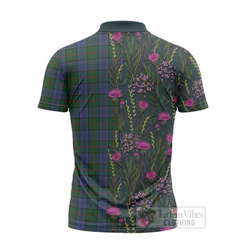 Colquhoun Family Crest Tartan Zipper Polo Shirt Scottish Thistle Flower Pattern Half Style - Tartan Vibes Clothing