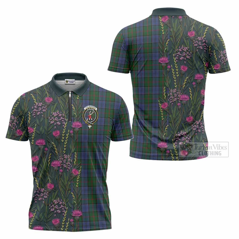 Colquhoun Family Crest Tartan Zipper Polo Shirt Scottish Thistle Flower Pattern Half Style - Tartan Vibes Clothing
