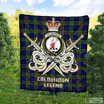 Colquhoun Modern Tartan Quilt with Clan Crest and the Golden Sword of Courageous Legacy