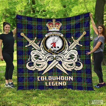 Colquhoun Modern Tartan Quilt with Clan Crest and the Golden Sword of Courageous Legacy