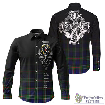 Colquhoun Modern Tartan Long Sleeve Button Up Featuring Alba Gu Brath Family Crest Celtic Inspired