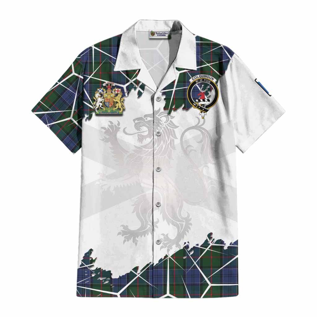 Colquhoun Tartan Cotton Hawaiian Shirt with Family Crest and Lion Rampant Grunge Style