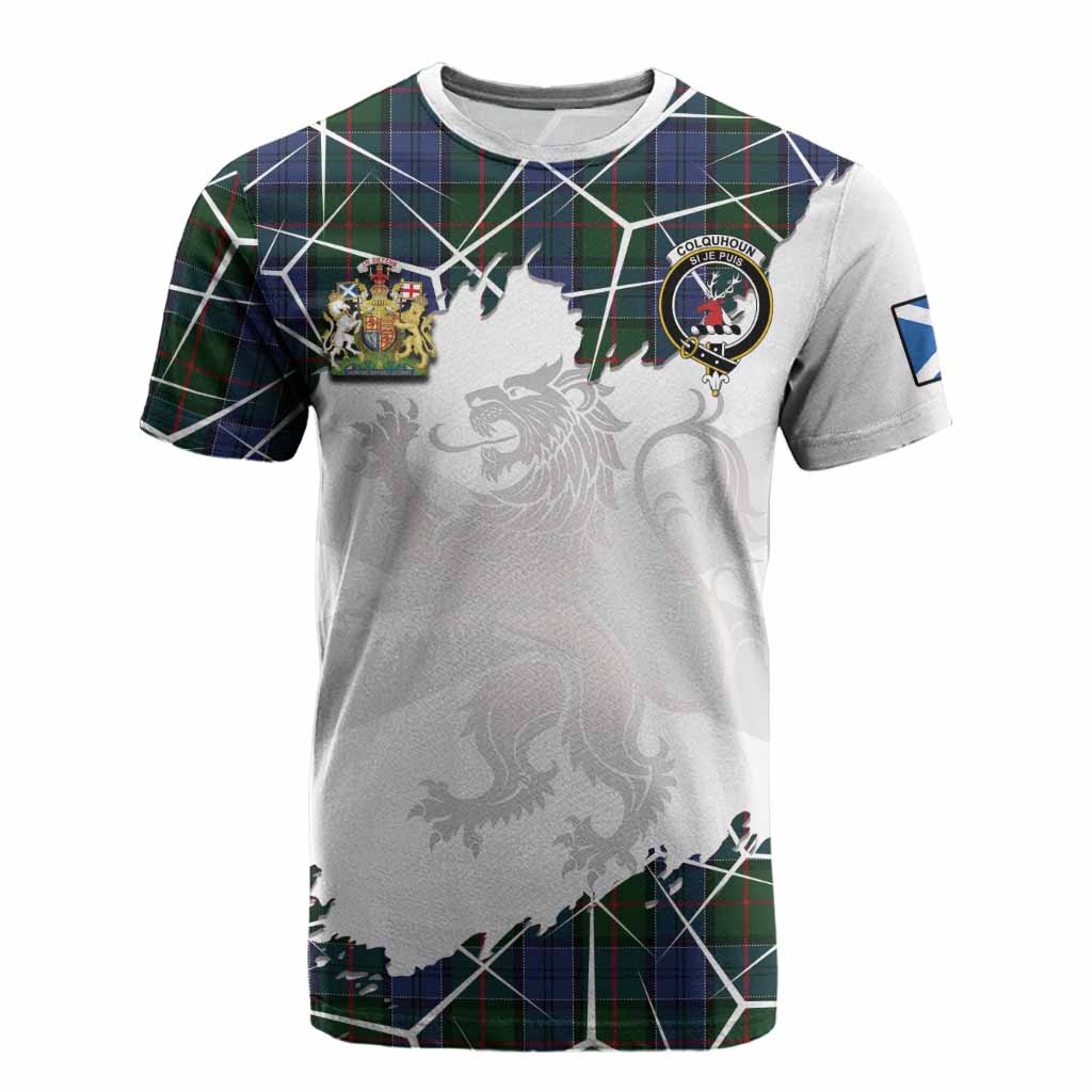 Colquhoun Tartan Cotton T-shirt with Family Crest and Lion Rampant Grunge Style