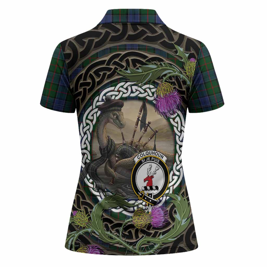 Colquhoun Tartan Crest Bagpipe Nessie Women Polo Shirt Scottish Loch Ness Monster Celtic Thistle
