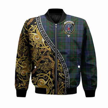 Colquhoun Tartan Crest Bomber Jacket Celtic Knot and Triple Trickle Spiral Symbols