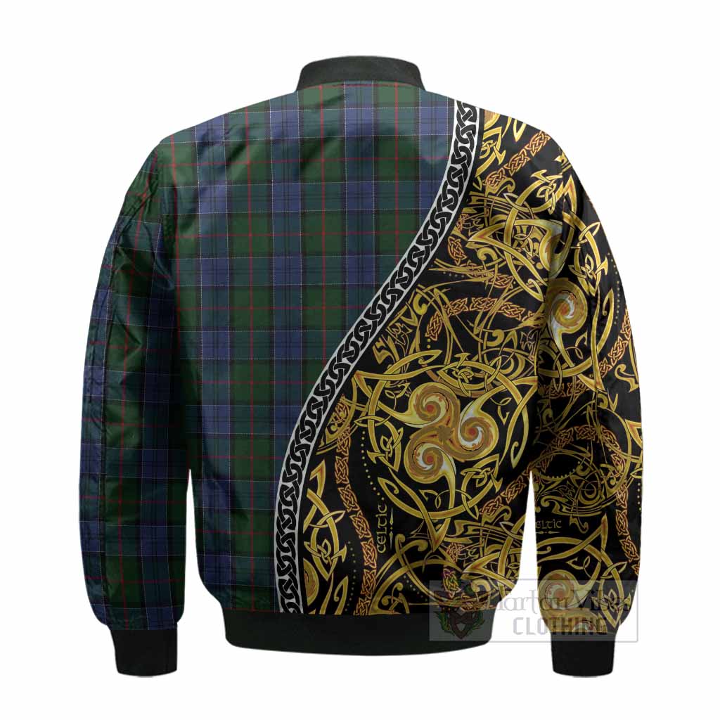 Colquhoun Tartan Crest Bomber Jacket Celtic Knot and Triple Trickle Spiral Symbols