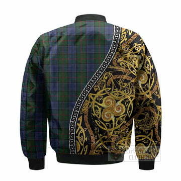 Colquhoun Tartan Crest Bomber Jacket Celtic Knot and Triple Trickle Spiral Symbols