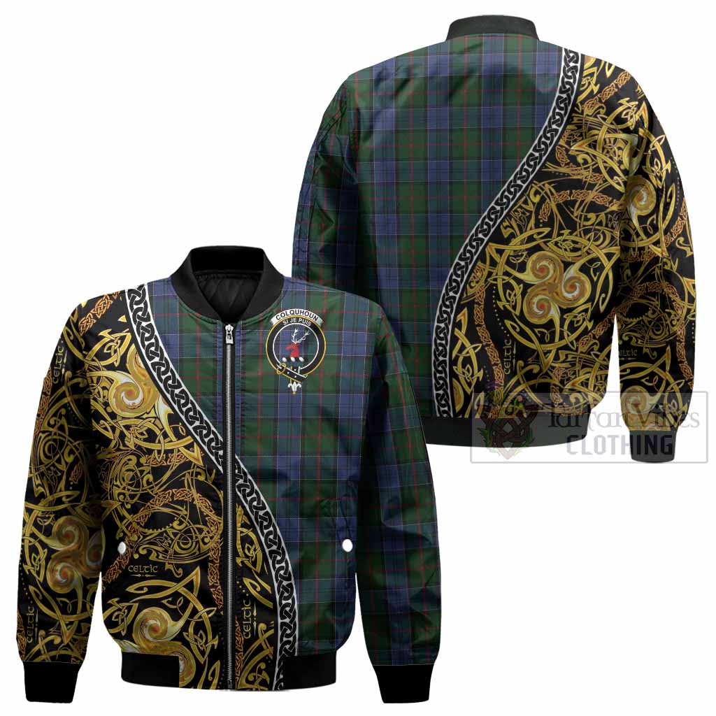 Colquhoun Tartan Crest Bomber Jacket Celtic Knot and Triple Trickle Spiral Symbols