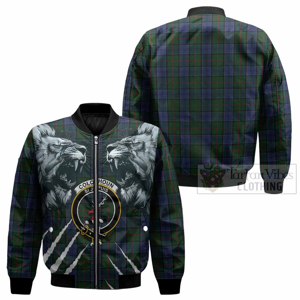 Colquhoun Tartan Crest Bomber Jacket Ferocious Lion Style