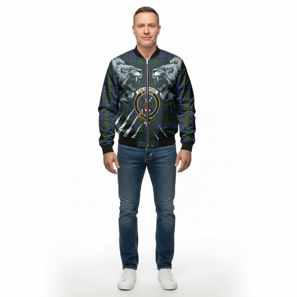 Colquhoun Tartan Crest Bomber Jacket Ferocious Lion Style