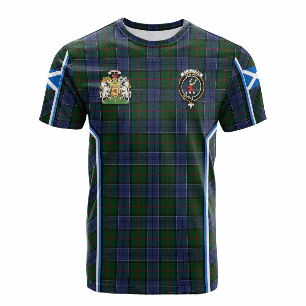 Colquhoun Tartan Crest Cotton T-shirt Scotland Coat of Arm Flag Style - Tartan Vibes Clothing