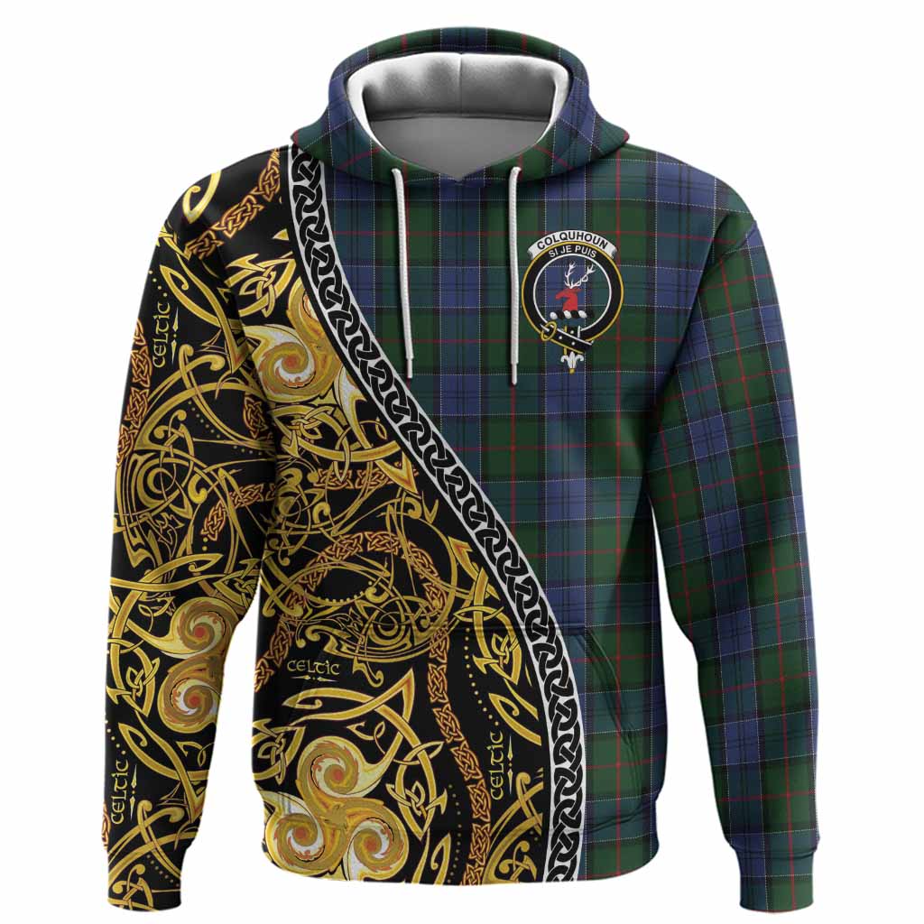 Colquhoun Tartan Crest Hoodie Celtic Knot and Triple Trickle Spiral Symbols