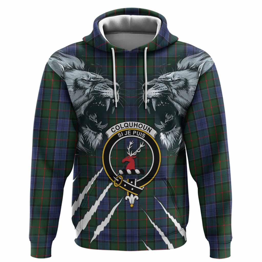 Colquhoun Tartan Crest Hoodie Ferocious Lion Style
