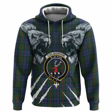 Colquhoun Tartan Crest Hoodie Ferocious Lion Style