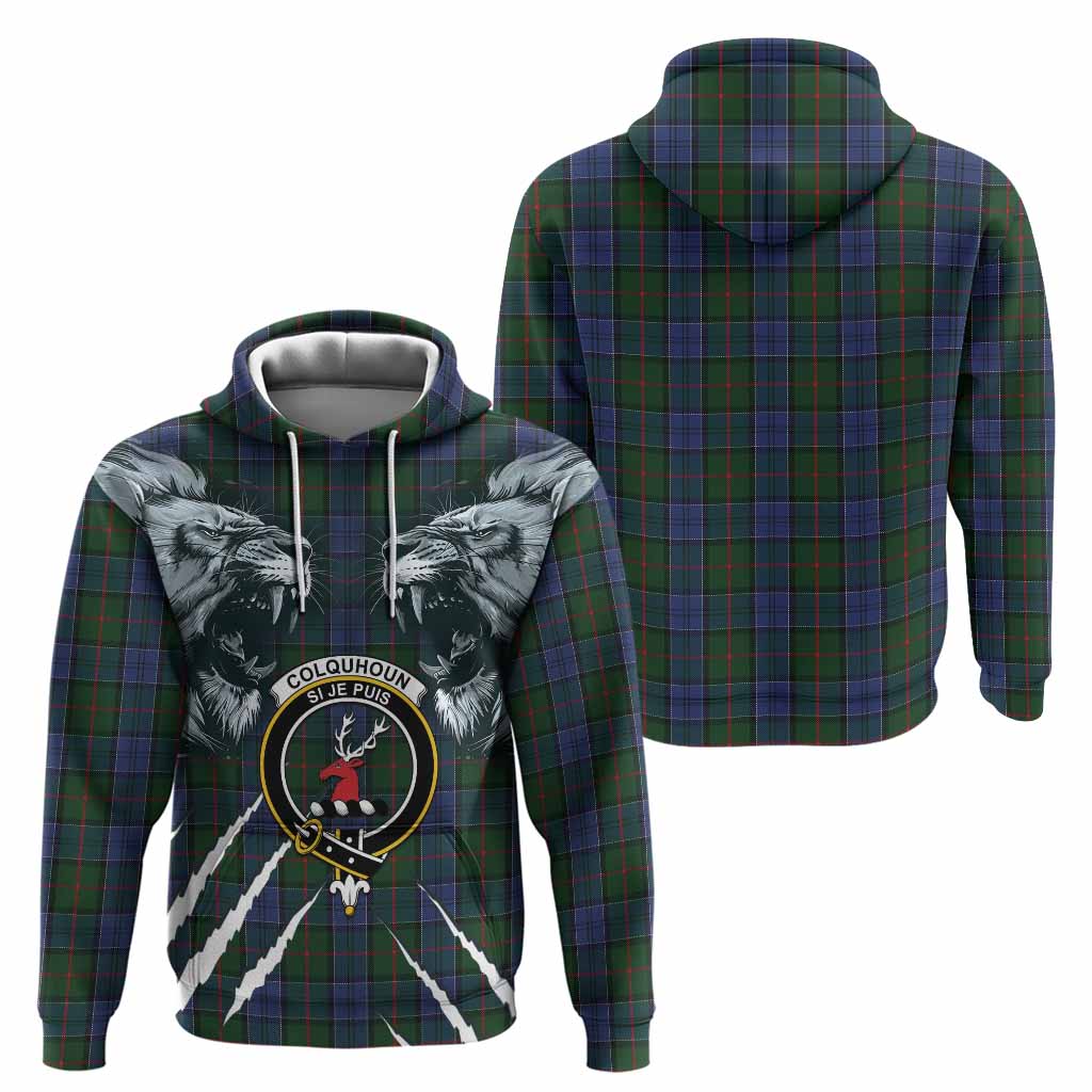 Colquhoun Tartan Crest Hoodie Ferocious Lion Style