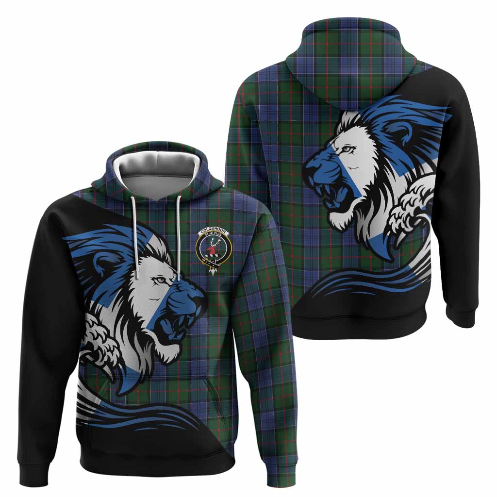 Colquhoun Tartan Crest Hoodie Scottish Golden Lions Wave Flow