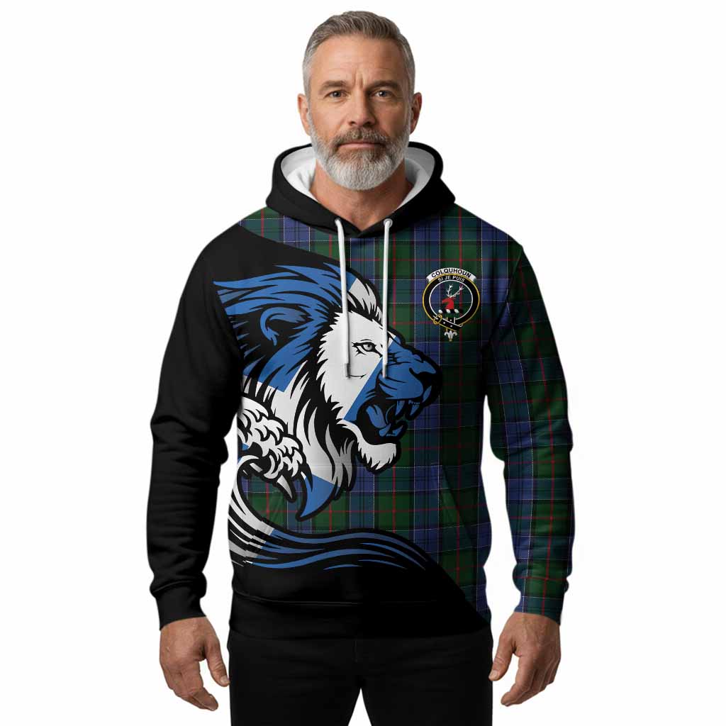 Colquhoun Tartan Crest Hoodie Scottish Golden Lions Wave Flow