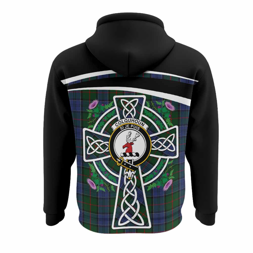 Colquhoun Tartan Crest Hoodie Scottish Thistle Celtic Cross Alba Gu Brath