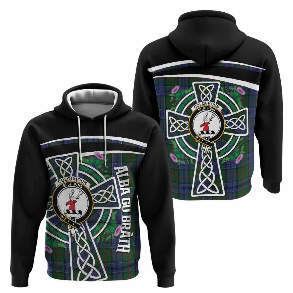 Colquhoun Tartan Crest Hoodie Scottish Thistle Celtic Cross Alba Gu Brath
