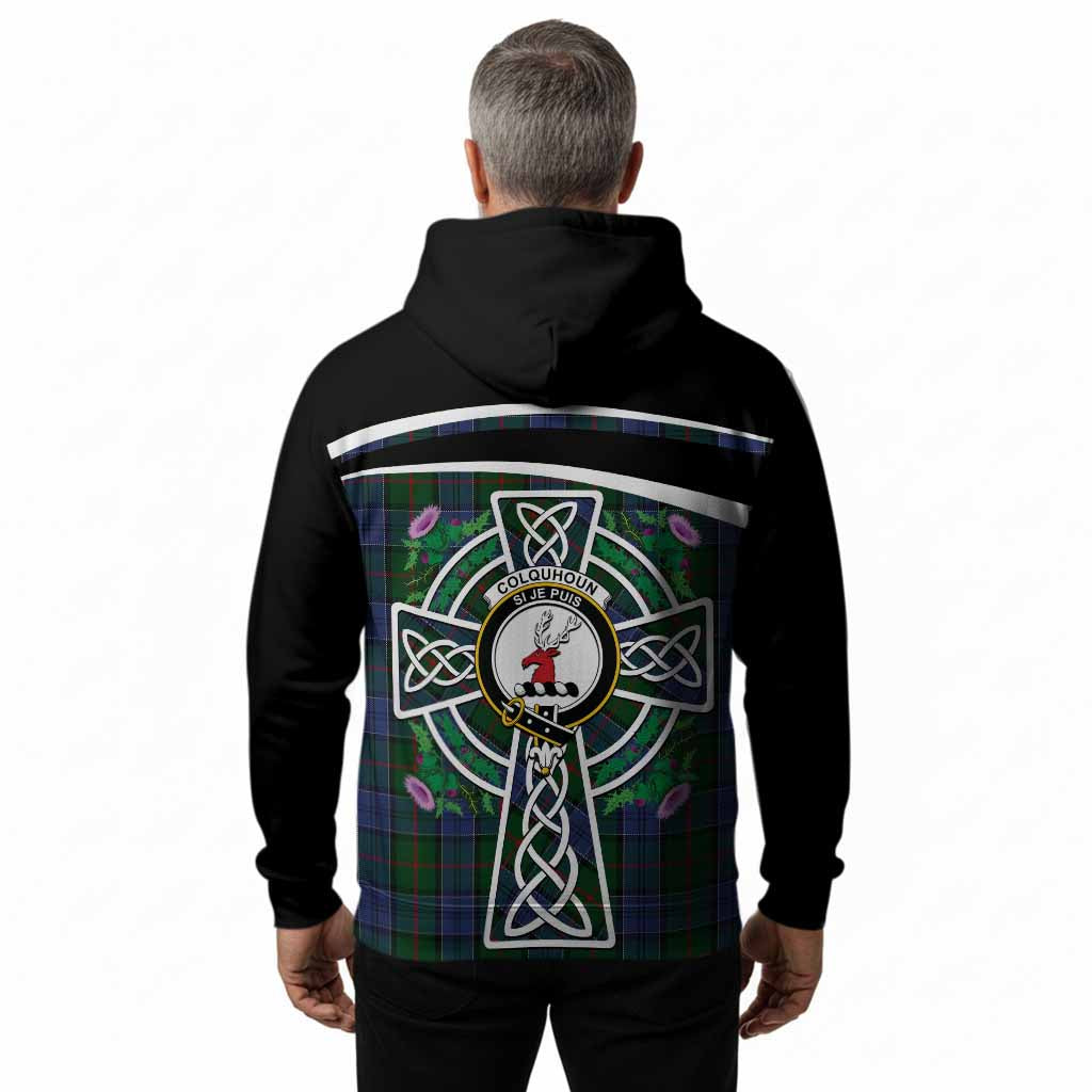 Colquhoun Tartan Crest Hoodie Scottish Thistle Celtic Cross Alba Gu Brath