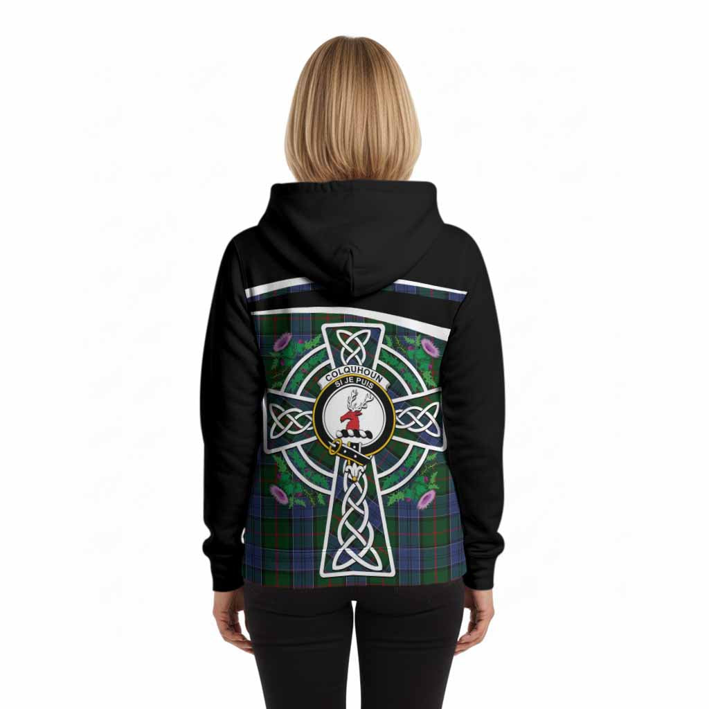 Colquhoun Tartan Crest Hoodie Scottish Thistle Celtic Cross Alba Gu Brath
