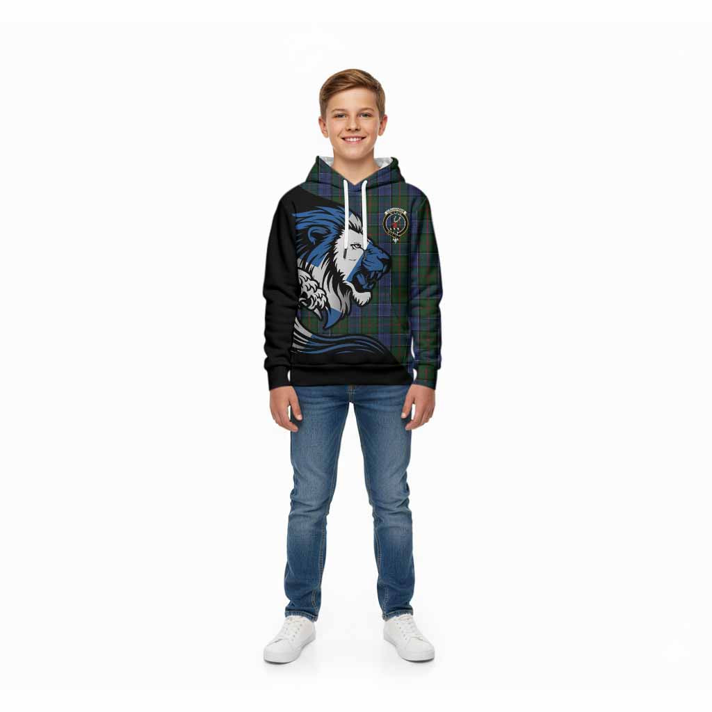 Colquhoun Tartan Crest Kid Hoodie Scottish Golden Lions Wave Flow