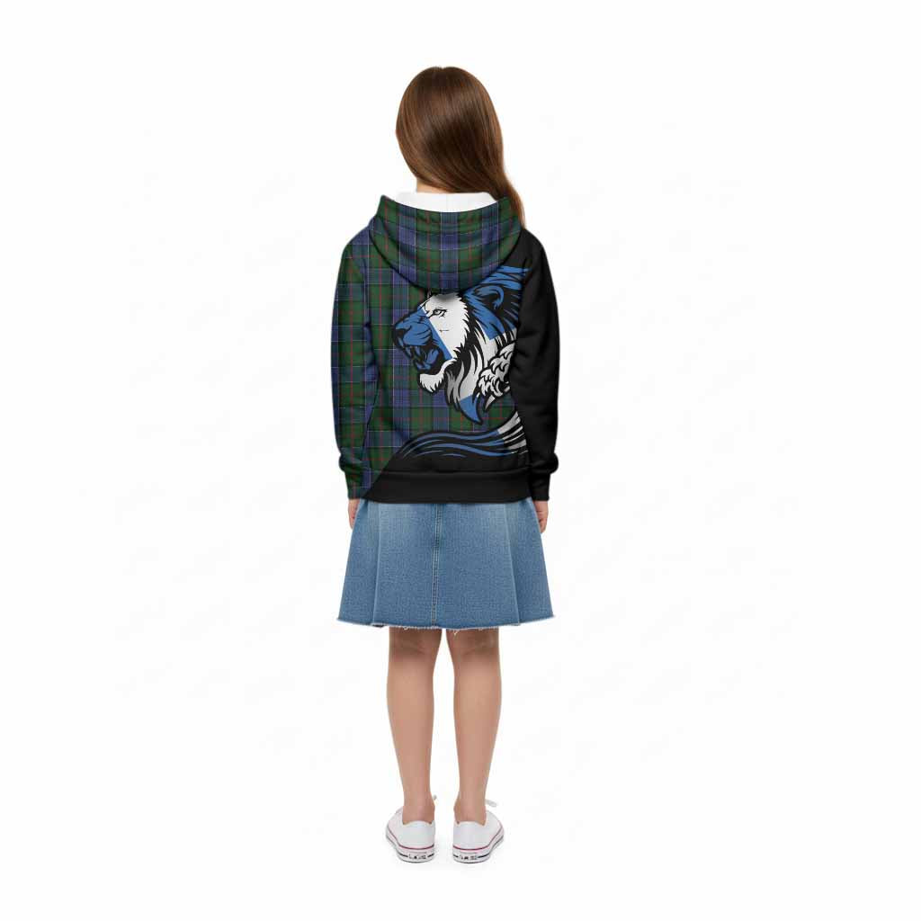 Colquhoun Tartan Crest Kid Hoodie Scottish Golden Lions Wave Flow