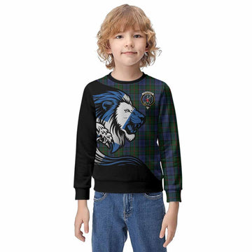 Colquhoun Tartan Crest Kid Knitted Sweatshirt Scottish Golden Lions Wave Flow