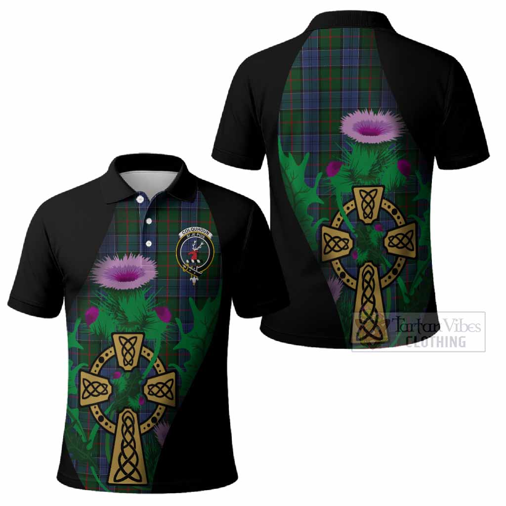 Colquhoun Tartan Crest Polo Shirt Celtic Cross Thistle Flowers