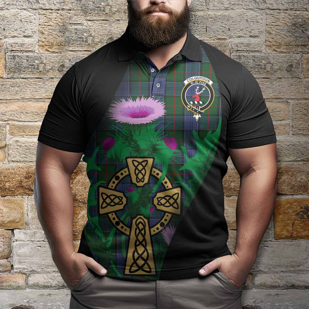 Colquhoun Tartan Crest Polo Shirt Celtic Cross Thistle Flowers