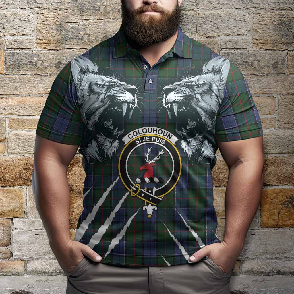 Colquhoun Tartan Crest Polo Shirt Ferocious Lion Style
