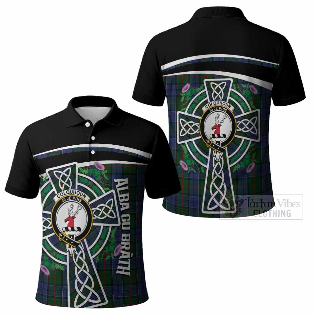Colquhoun Tartan Crest Polo Shirt Scottish Thistle Celtic Cross Alba Gu Brath