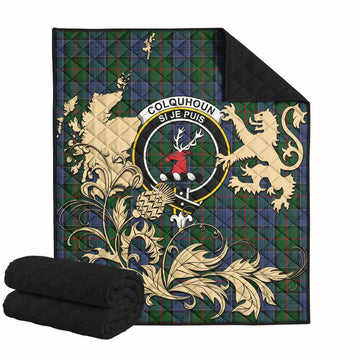 Colquhoun Tartan Crest Premium Quilt with Scottish Iconic Symbols 