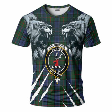 Colquhoun Tartan Crest T-Shirt Ferocious Lion Style