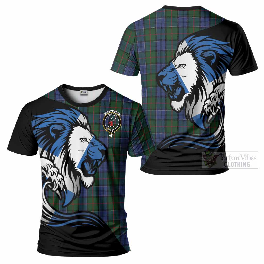 Colquhoun Tartan Crest T-Shirt Scottish Golden Lions Wave Flow