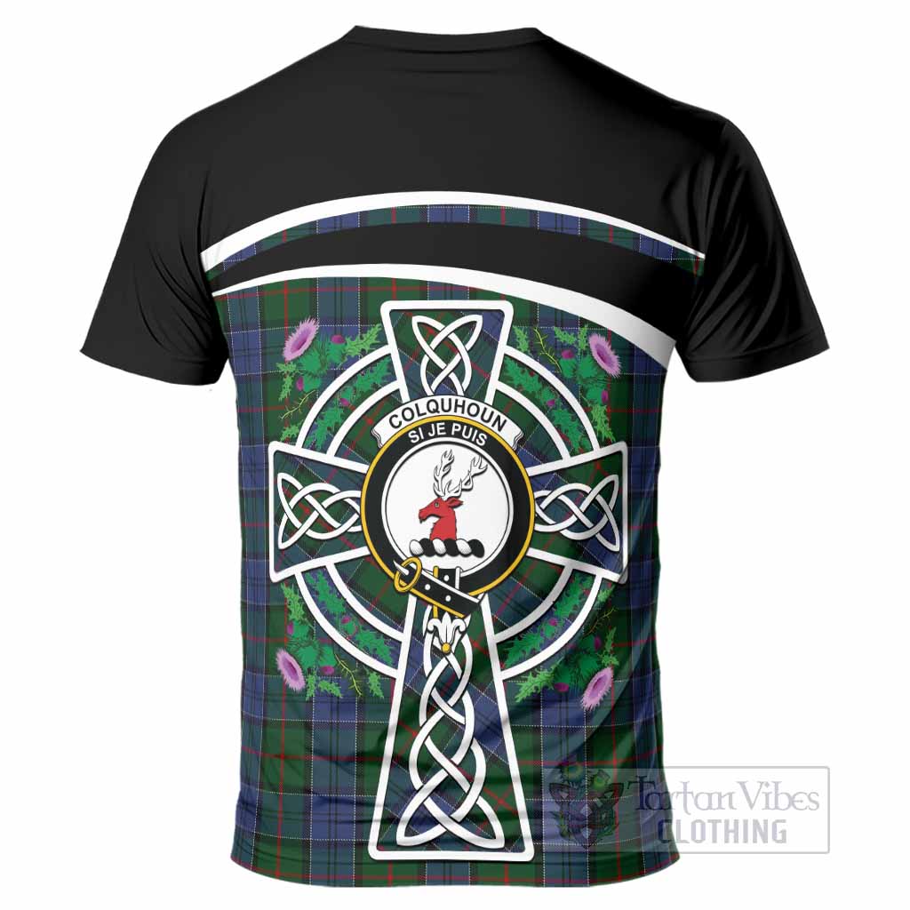 Colquhoun Tartan Crest T-Shirt Scottish Thistle Celtic Cross Alba Gu Brath