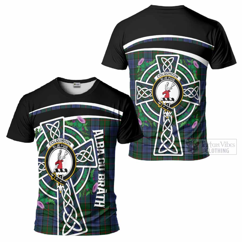 Colquhoun Tartan Crest T-Shirt Scottish Thistle Celtic Cross Alba Gu Brath