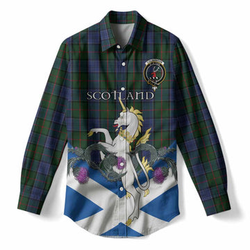 Colquhoun Tartan Crest Women Casual Shirt Scottish Unicorn With Thistle