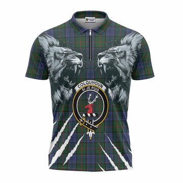 Colquhoun Tartan Crest Zipper Polo Shirt Ferocious Lion Style