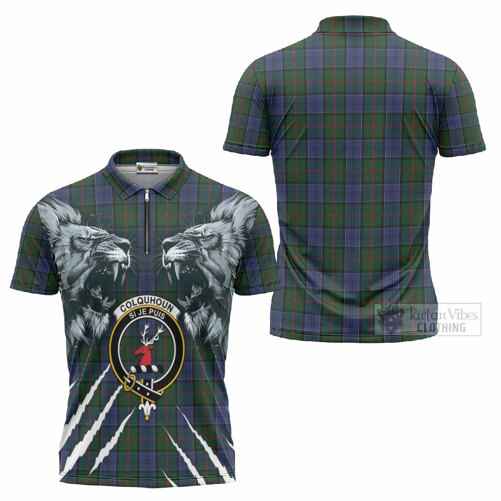 Colquhoun Tartan Crest Zipper Polo Shirt Ferocious Lion Style