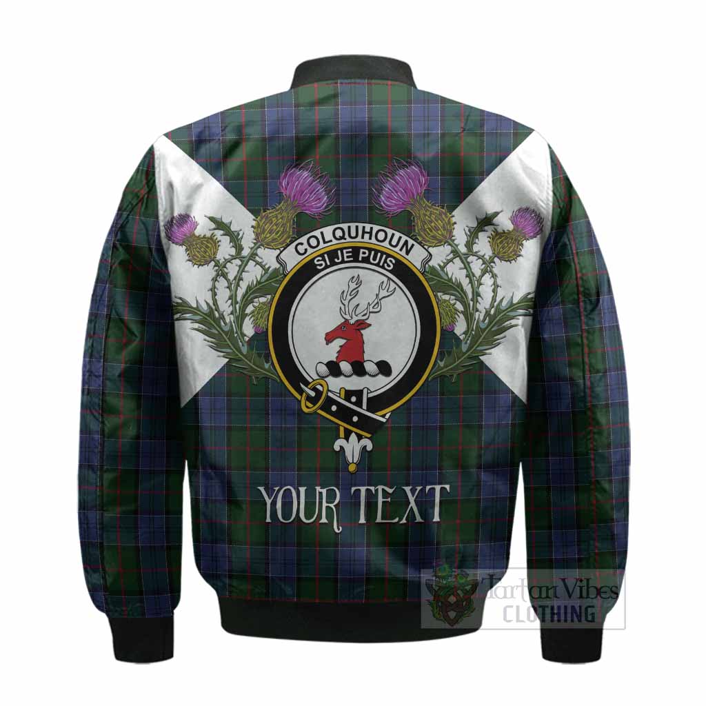 Colquhoun Tartan Family Crest Bomber Jacket Scottish Burns Night Thistle Floral