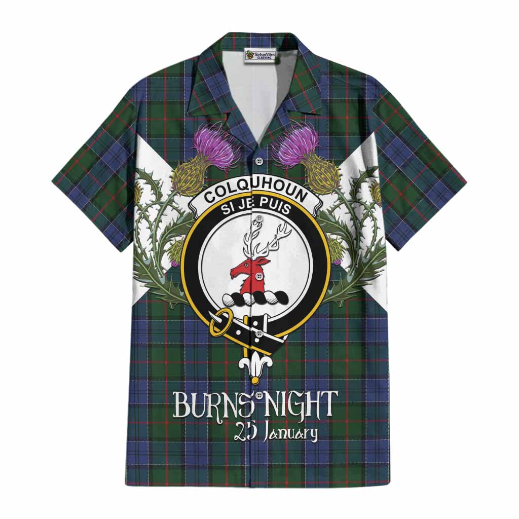 Colquhoun Tartan Family Crest Cotton Hawaiian Shirt Scottish Burns Night Thistle Floral